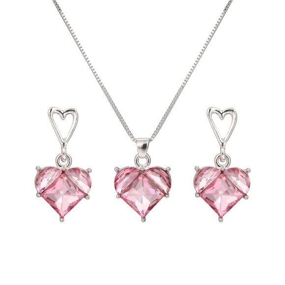 3/$35 Gold Pink Heart Necklace & Earring Set Dainty Crystal Elegant Jewelry - Picture 4 of 6